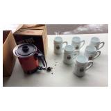 West Bend Hot Pot 2 to 6 Cups & White Glass Mugs