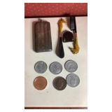 Brush, Shoe Horn, Flask, Coins