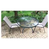 Patio Table, Glass Top, 2 Chairs, ON BACK