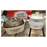 Pyrex and other casserole dishes, fruit/salad