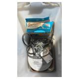 Misc tub: shamwow cloths, tarp straps, saw