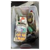 Tub of misc: metal box, metal pail, sewer eel,