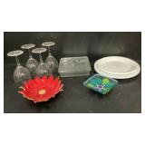 Box of wine glasses, Corelle plates, candy dish,