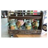 Wood carrier with decorative painted jars