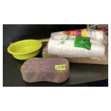 Styrofoam cups, sponge, Fiesta bowl