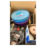 Box of kitchen and personal items: food storage,