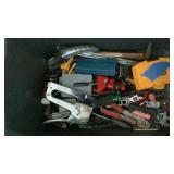 Tub of misc tools, magnifying glass and welding