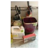 Handheld sprayer, trash can, fire extinguisher,