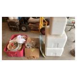 3 styrofoam coolers, decorative plates, glassware