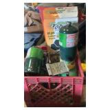 Milk crate, small LP bottles, garage hooks,