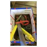 Box of miscellaneous garage items and birdhouse