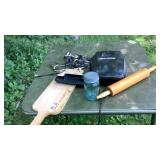 Cutting board, rolling pin, George Foreman , ball