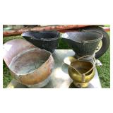 2 ash buckets, copper bucket, brass bucket