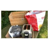 Toaster, boom box, Christmas lights, wood crate
