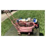 Matchbox fire truck and wood/wicker baby buggy