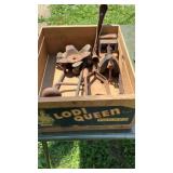 Wood crate, mug tree, primitive tools, hand towel