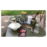 Shawnee pottery vase, enamelware, apple decor,