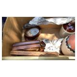 Pottery vase, brown jug, JD wagons, cranberry