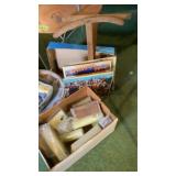2 side tables, misc bowls plastic, ceramic, stone