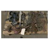 pallet of log chains, chain hoist, chain binders