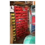 Red shelf with bolt bins and contents