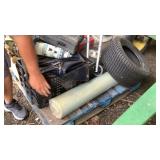 Pallet of misc ATV/garden tires, sprayer, JD