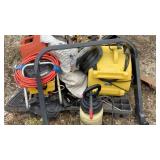 Pallet with weed sprayer, floor fan, fuel can,
