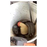 Bucket of misc: bath faucet, lopers, bird waterer