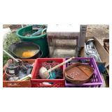Bird feeders, milk crates, cast iron pans, coal