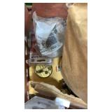 Milk crate, brass wall lantern light, door knobs,