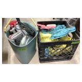 Milk crate with dishes and butterfly decor,