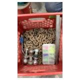 Milk crate, metal coffee cans, chain, trailer