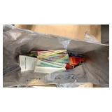 Tea set, wine bottle crocheted dresses, bicycle