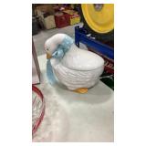 Goose cookie jar, hostess bowl, wine glasses palm
