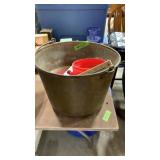 Metal bucket with contents, toy gun, baseball,