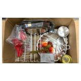 Serving racks, dishes, mantel clock, fondue pot,