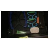 Tub full of music items, purses, rug, office