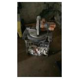 8-1/4 Miter saw , metal milk crate and rags