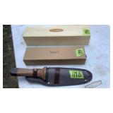 Bowe knife in case and garden tools, all NIB
