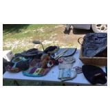 Tub of purses, hats, home decor, hand mirrors,