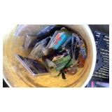 Bucket of desk & garage items