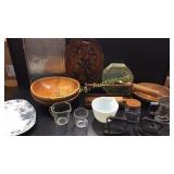 Wood Bowls, Pyrex, Irons, Tin Bake Ware