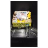 Fabric Squares and Pyrex Dish