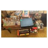 Vinegar and Oil Bottles, Books, VHS Player,