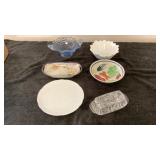 Blue Glass, Milk Glass, butter Dish, Bowl, Plate Blue Glass, Milk Glass, butter Dish, Bowl, Plate