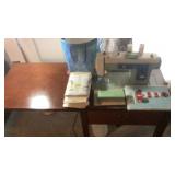 Sewing machine, with cabinet and assorted items -