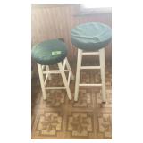 2 white padded seat stools, 1 24ï¿½ T & 1 30ï¿½ T