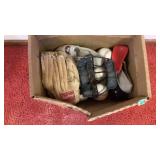 Box of softballs, glove & misc.