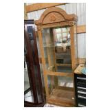 Oak curio cabinet w/glass shelves & light