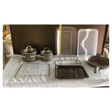 Skillet, Calphalon pans w/lids(2), cooling rack &